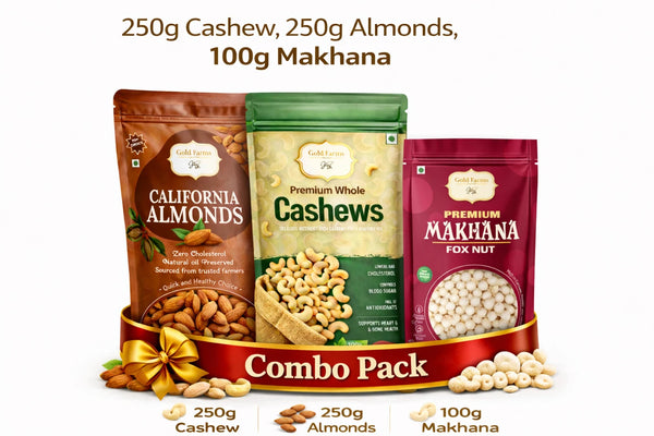Gold Farms Dry Fruits Combo Pack – Makhana 100g, Almonds 250g, Cashews 250g Almonds, Cashews, Fox Nut