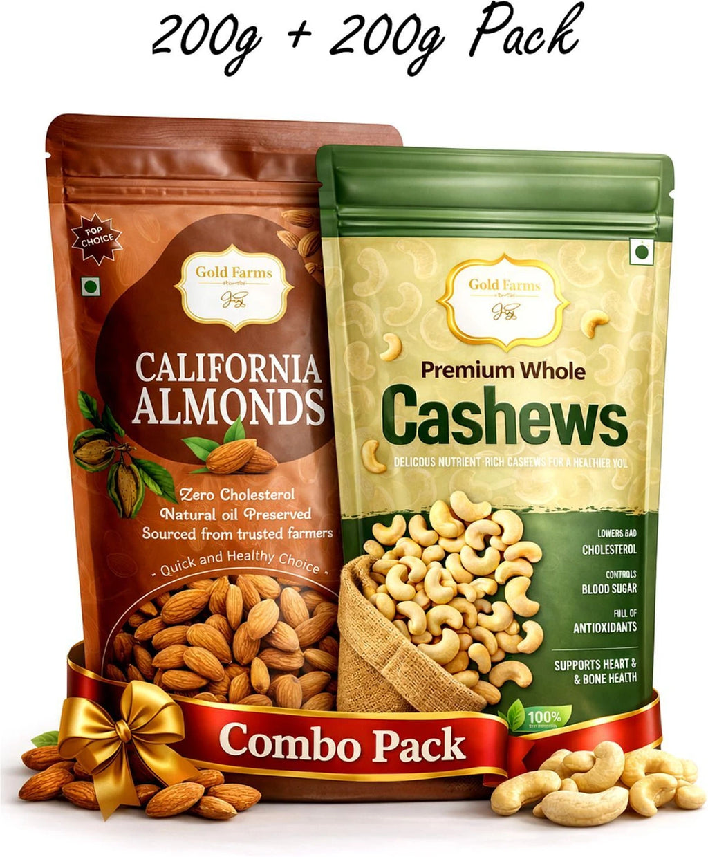 Gold Farms Combo Pack California Almonds ( Badam ) & Whole Cashews 200g Each Almonds, Cashews
