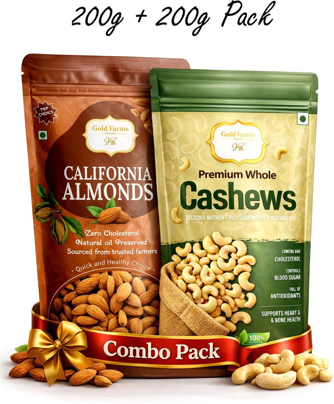 Gold Farms Combo Pack California Almonds ( Badam ) & Whole Cashews 200g Each Almonds, Cashews
