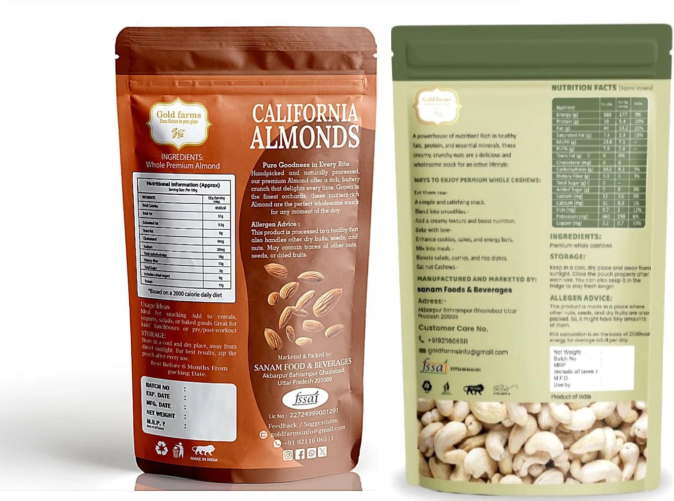 Gold Farms Combo Pack California Almonds ( Badam ) & Whole Cashews 200g Each Almonds, Cashews