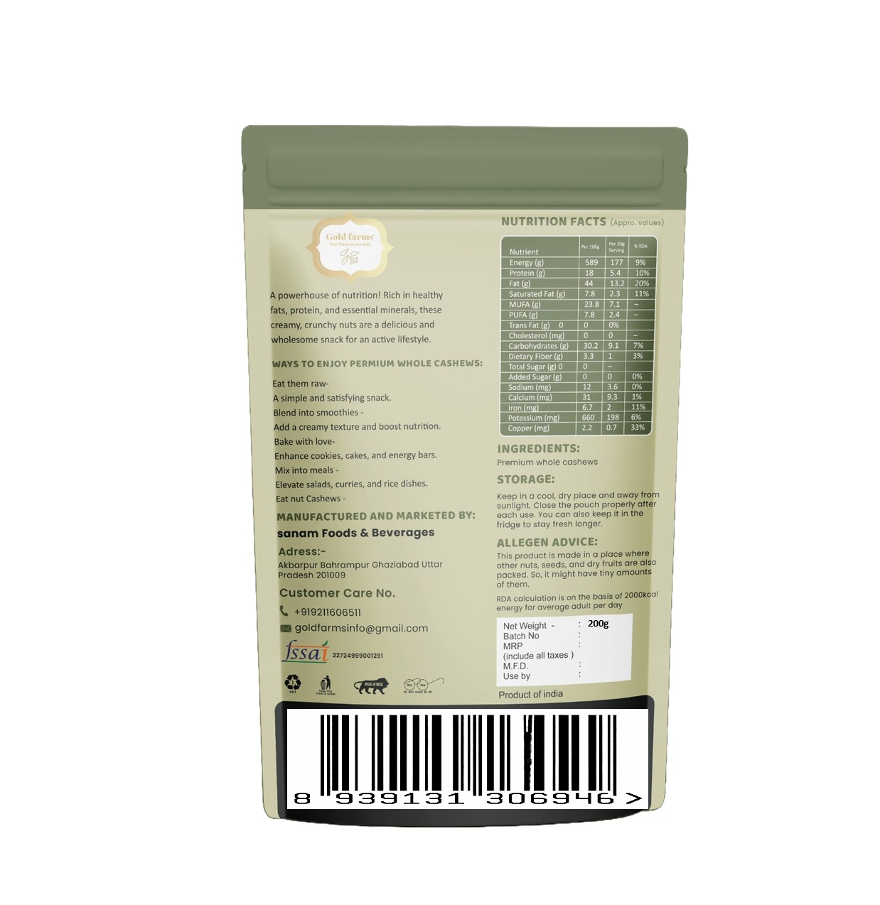 Gold Farms Premium Whole Cashews 200g | Kaju Premium Grade | Fresh & Crunchy | Healthy Dry Fruits