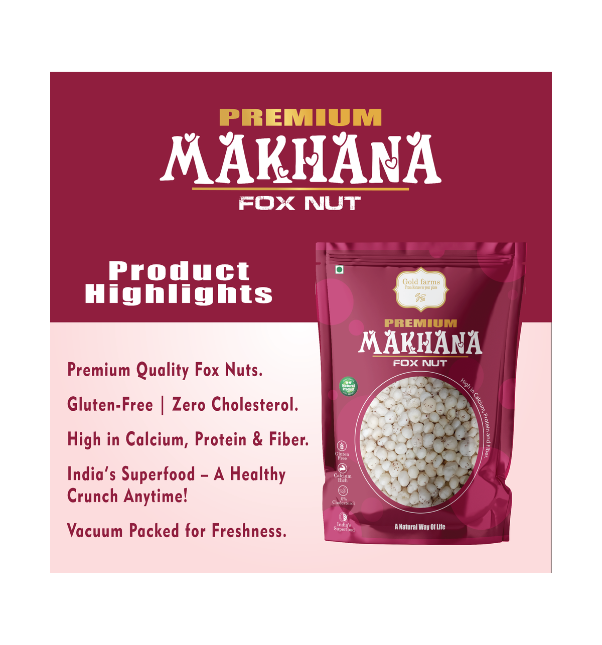 Gold Farms Deliciously Light and Crispy Phool Makhana Jumbo Size (250g x 2) Fox Nut